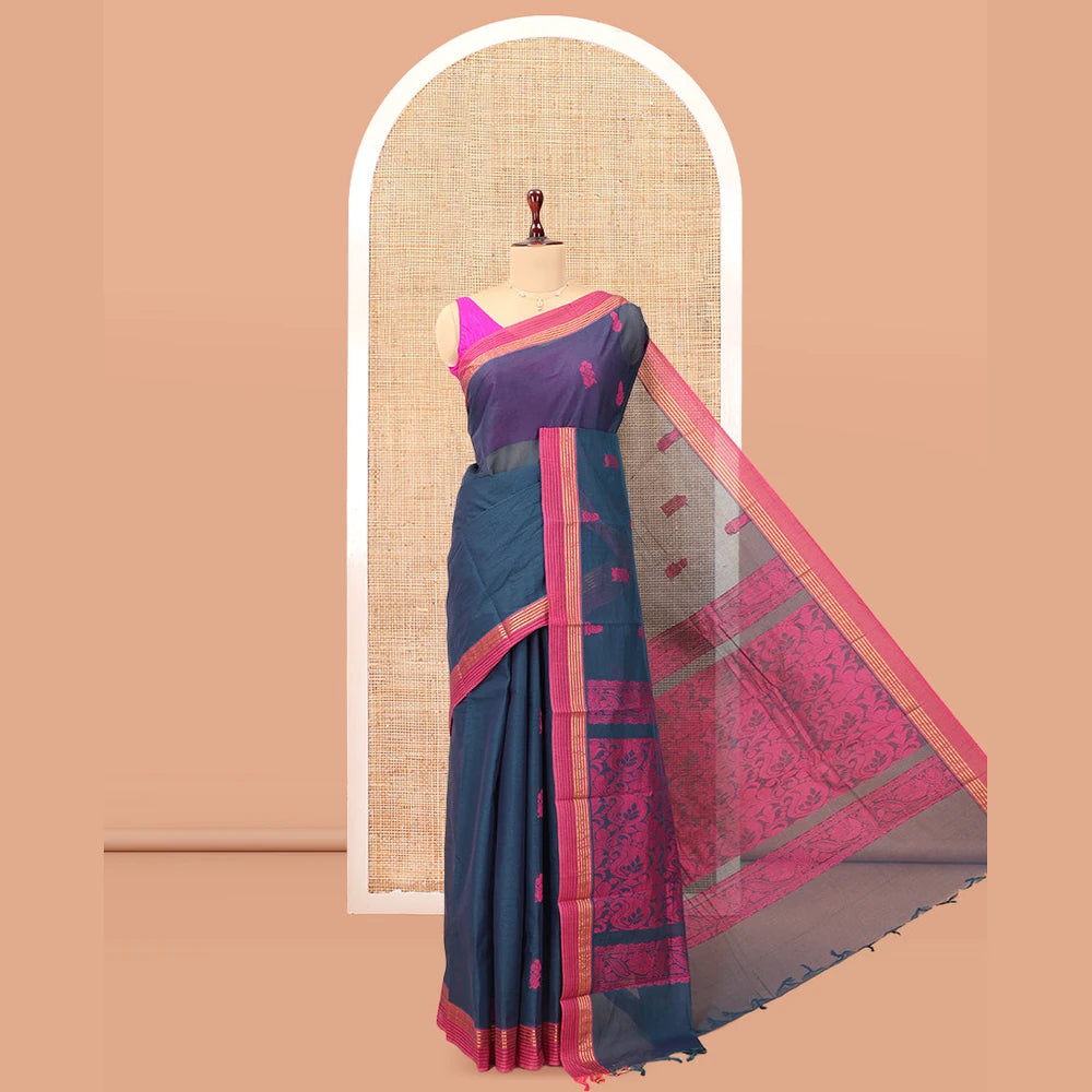 Pothys Blue Kanchi Cotton Saree, Woven with Floral Buttas, a Contrast Border, Paisley Pallu, and a Matching Blouse